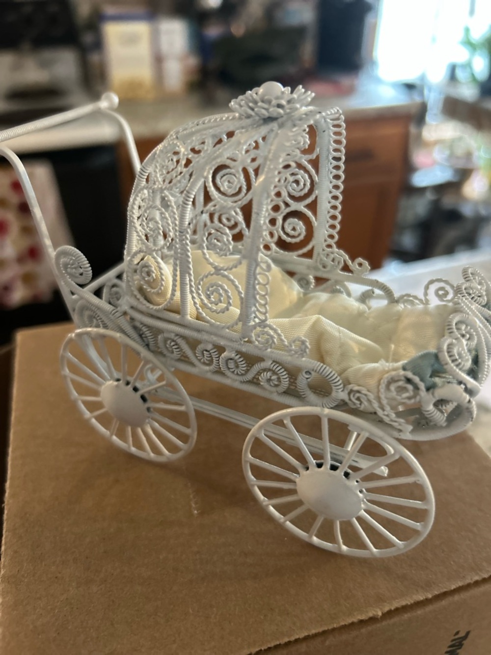 Vtg white metal dollhouse carriage
